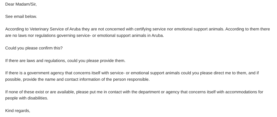 Waiting on DVG to confirm that there are no laws or regulations in Aruba regarding service animals